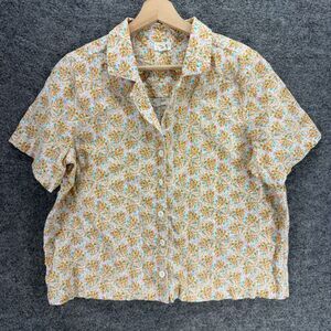 A New Approach Shirt Women L Large Beige Floral Button Up Collared Short Sleeve